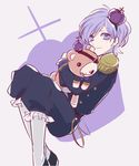  1boy bags_under_eyes capri_pants crown diabolik_lovers hug lavender_hair looking_at_viewer military_uniform pants pantyhose purple_background purple_eyes sakamaki_kanato simple_background smile socks solo stuffed_animal stuffed_toy teddy_(diabolik_lovers) teddy_bear 