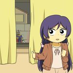  casual comic curtains energy_sword gundam love_live! love_live!_school_idol_project low_twintails lowres mecha mobile_suit_gundam pink_scrunchie purple_hair rx-78-2 scared scrunchie shiitake_nabe_tsukami solo_focus sword toujou_nozomi twintails weapon window 
