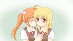  2girls blonde_hair blush couple eyes_closed fate_testarossa hair_ornament hair_ribbon hand_holding happy kerorokjy kiss long_hair looking_at_another lyrical_nanoha mahou_shoujo_lyrical_nanoha multiple_girls orange_hair pink_ribbon ponytail red_eyes ribbon school_uniform side_ponytail simple_background surprised takamachi_nanoha uniform wide-eyed yuri 