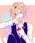  1boy bat_wings blonde_hair blue_eyes bow bowtie cat_ears covering diabolik_lovers earring hair_over_one_eye heterochromia looking_at_viewer male_focus mukami_kou open_mouth ponytail red_eyes solo tail undressing wings 