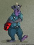  2019 3_toes anthro barefoot belt black_nose caliosidhe claws clothed clothing disney ear_piercing female fully_clothed fur grey_hair hair honey_(zootopia) honey_badger looking_at_viewer mammal mustelid pants piercing purple_fur shirt short_hair simple_background smile solo stethoscope toes zootopia 