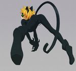  1boy adrien_agreste blonde_hair bodysuit cat_ears chat_noir green_eyes looking_at_viewer looking_back male_focus miraculous_ladybug sharp_nails shoes simple_background smile solo 