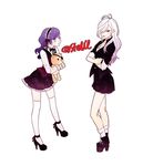  2girls bags_under_eyes blush bow bowtie crossed_arms diabolik_lovers eyepatch genderswap hair_over_one_eye headdress high_heels looking_at_another looking_at_viewer multiple_girls open_mouth purple_eyes purple_hair red_eyes sakamaki_kanato sakamaki_subaru school_uniform simple_background skirt socks stuffed_animal stuffed_toy teddy_(diabolik_lovers) teddy_bear thighhighs uniform white_background white_hair zettai_ryouiki 