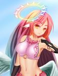  1girl angel_wings artist_request book breasts bridal_gauntlets feathered_wings finger_to_mouth halo head_wings jibril_(no_game_no_life) long_hair looking_at_viewer low_wings magic_circle navel no_game_no_life orange_eyes panysua pink_hair pink_legwear sideboob smile solo symbol-shaped_pupils thighhighs white_wings wings 