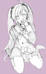  1girl bow bowtie calf_socks diabolik_lovers eyepatch genderswap hair_ribbon lavender_background lineart monochrome open_jacket open_mouth ribbon sakamaki_kanato school_uniform simple_background smile socks solo stuffed_animal stuffed_toy teddy_(diabolik_lovers) teddy_bear twintails uniform 