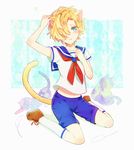  1boy blonde_hair blue_eyes blush bow bowtie calf_socks cat cat_ears child diabolik_lovers hair_over_one_eye hand_on_own_chest mukami_kou navel school_uniform serafuku shorts shota solo tail touching younger 