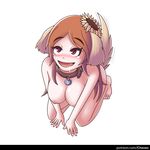  1girl all_fours animal_ears animal_tail blush breasts brown_hair chavez collar dog_ears dog_tail feet kneeling league_of_legends leona_(league_of_legends) long_hair nipples no_background nude open_mouth orange_eyes saliva sitting tail 