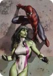  breasts female_superhero green_hair green_skin lowres marvel muscles she-hulk spider-man thighs 