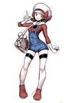  bow brown_eyes brown_hair contrapposto denim full_body genzoman hat hat_bow holding holding_poke_ball kotone_(pokemon) long_sleeves looking_at_viewer overalls poke_ball pokegear pokemon pokemon_(game) pokemon_hgss short_twintails sketch smile solo standing thigh_strap thighhighs twintails white_hat 