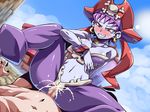  1girl blush censored choker clothed_sex cum cum_in_pussy earrings girl_on_top jewelry pirate_hat purple_hair red_eyes risky_boots shantae smile solo_focus vaginal wayforward 