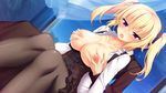  1girl artist_request black_legwear blonde_hair blush breast_grab breasts character_request collarbone curtains dutch_angle game_cg grabbing highres large_breasts long_hair night_sky nipples no_bra nora_princess_and_stray_cat nora_to_oujo_to_noraneko_heart oozora_itsuki open_clothes open_mouth open_shirt pantyhose patricia_of_end puffy_nipples purple_eyes scrunchie shirt sitting sky source_request stars twintails window 
