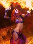  1girl arabian_clothes facepaint fire hips jewelry long_hair mage magic navel pose realistic red_hair solo witch 