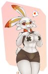  2019 anthro breasts buckteeth clothed clothing clothing_lift eternity-zinogre female flashing hi_res lagomorph looking_at_viewer mammal nintendo nipple_tape open_mouth pasties pok&eacute;mon pok&eacute;mon_(species) scorbunny shirt shirt_lift signature solo tape teeth video_games 