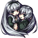  albino black_lagoon blue_eyes gretel_(black_lagoon) hair_ornament hair_ribbon hand_holding hansel_(black_lagoon) long_hair looking_at_viewer open_mouth pixel_art ribbon smile twins white_hair 