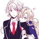  1boy 1girl blonde_hair blue_eyes blush diabolik_lovers earring genderswap hair_over_one_eye komori_yui long_hair looking_at_another mukami_kou necktie open_mouth pink_eyes school_uniform simple_backgroud smile sweatdrop uniform white_background wristband 