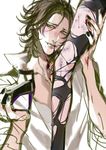  1boy bite bite_mark blood blush brown_hair bruise diabolik_lovers green_eyes heel high_heels injury nail_polish ripped_pantyhose sakamaki_laito simple_background smile torn_clothes white_background 