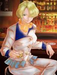  alcohol bar blonde_hair drink green_eyes hair_over_one_eye lips lipstick looking_at_viewer makeup maria_tachibana sakura_taisen short_hair sitting smile uniform 