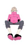  1boy blonde_hair capri_pants diabolik_lovers feet from_below hair_over_one_eye looking_at_viewer mukami_kou pants pink_clothes ponytail shoes simple_background sitting solo white_background 