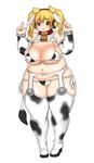  1girl animal_ears bell bikini blonde_hair blush breasts breasts_outside brown_eyes collar cow_bell cow_ears cow_print erect_nipples fake_animal_ears fake_horns fat female full_body headphones huge_breasts kjmvideo large_breasts looking_at_viewer navel nitroplus open_mouth plump solo standing super_pochaco swimsuit thick_thighs thigh_boots twintails wide_hips 
