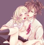  1boy 1girl babo110pixiv blonde_hair blush bow bowtie brown_eyes brown_hair calf_socks censored diabolik_lovers flat_chest hetero komori_yui licking long_hair looking_at_another mukami_yuma nipples open_mouth open_shirt pettanko pink_eyes ponytail saliva school_uniform shirt small_breasts tears undressing uniform 