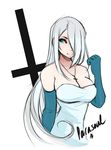  1girl bare_shoulders blue_eyes breasts cleavage cross cross_necklace female gloves hair_over_one_eye inverted_cross large_breasts long_hair necklace parasoul_(skullgirls) skullgirls solo upper_body white_hair 