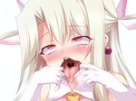  2016 ahegao bare_shoulders blonde_hair blush breath ear earrings fate/kaleid_liner_prisma_illya fate_(series) feathers finger_in_mouth gloves hair_feathers heart illyasviel_von_einzbern jewelry long_hair looking_at_viewer magical_girl mouth_pull open_mouth oral_invitation prisma_illya red_eyes rolling_eyes saliva silver_hair simple_background solo soukai_(lemonmaiden) stray_pubic_hair sweat symbol-shaped_pupils teeth tongue tongue_out translation_request trembling uvula white_background white_gloves 