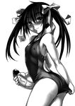  adjusting_clothes adjusting_swimsuit ass blush bosshi breasts censored competition_swimsuit erect_nipples erection futanari hair_ribbon heart heart_censor long_hair looking_at_viewer masturbation monochrome one-piece_swimsuit original penis ribbon small_breasts smile solo swimsuit twintails veiny_penis 