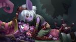  2girls blush brown_eyes eye_contact goggles goggles_on_head green_eyes league_of_legends looking_at_another lulu_(league_of_legends) multiple_girls pinned pointy_ears purple_hair purple_skin silver_hair skence straddling tristana wavy_mouth witch_hat yuri 