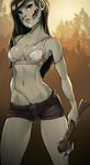  1girl axe black_hair blood bloody_weapon bra breasts cleavage grey_skin hizzacked monster_girl navel original pubic_hair red_eyes short_shorts shorts solo standing stitches stomach underwear weapon white_bra zombie 