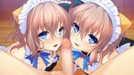  1boy 2girls artist_request blue_eyes brown_hair censored character_request game_cg imminent_fellatio looking_at_viewer maid mosaic_censoring multiple_girls penis pov siblings sisters source_request twins 