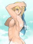  1boy adjusting_hair blonde_hair blue_eyes dead_or_alive eliot_(doa) hachuurui looking_at_viewer male_focus nude side_view solo steam towel 