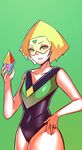  1girl :3 alternate_costume cartoon_network crystal forehead_jewel green_background green_eyes green_hair hand_on_hip leotard looking_at_viewer peridot_(steven_universe) solo steven_universe visor zxc 