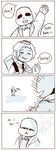  4koma =_= androgynous bag balding comic commentary disgust english english_commentary frisk_(undertale) frown highres jacket mamaito necktie old older sans shaded_face skeleton undertale what_if wrinkled_skin 