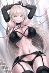  1girl ahoge bangs breasts chains cleavage commentary_request curtains fate/grand_order fate_(series) garter_belt garter_straps grin highres jeanne_d&#039;arc_(alter)_(fate) jeanne_d&#039;arc_(fate)_(all) large_breasts limeblock lingerie long_hair navel o-ring o-ring_top silver_hair smile solo thighhighs tsurime underwear yellow_eyes 