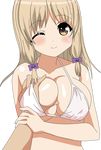  beauty_mark bikini blonde_hair blush bow breast_grab breasts brown_eyes grabbing groping hair_bow hand_on_breast jinsei kujou_fumi large_breasts long_hair mole mole_under_eye smile swimsuit wink 