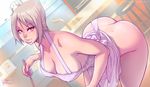  1girl apron artist_name ass breasts butt_crack cleavage curvy erect_nipples female kitchen ladle large_breasts leaning_forward looking_at_viewer melkor_mancin naked_apron nakiri_alice orange_eyes parted_lips shokugeki_no_souma short_hair silver_hair solo wide_hips 