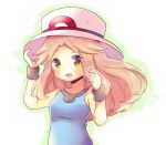  1girl :d arm_up bangs bare_shoulders blue_(pokemon) blue_shirt blush breasts brown_eyes creatures_(company) eyebrows_visible_through_hair fingernails game_freak hair_flaps hand_on_headwear hat kouu_hiyoyo light_brown_hair long_hair nintendo open_mouth parted_bangs pokemon pokemon_(game) pokemon_frlg shirt sidelocks sleeveless sleeveless_shirt small_breasts smile solo upper_body white_hat wristband 