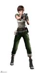  1girl brown_hair fingerless_gloves gloves gun headband radio rebecca_chambers resident_evil resident_evil_0 short_hair solo walkie-talkie walkie_talkie weapon white_background 