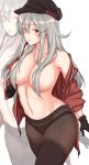  1girl bare_shoulders black_legwear black_panties blue_eyes breasts collarbone cowboy_shot eyebrows_visible_through_hair facial_scar gangut_(kantai_collection) gloves grey_hair groin hair_between_eyes hair_ornament hair_over_breasts hairclip hat highres jewelry kantai_collection lace lace-trimmed_legwear lace-trimmed_panties large_breasts long_hair long_sleeves navel necklace off_shoulder osterei panties pantyhose peaked_cap red_shirt remodel_(kantai_collection) scar scar_on_cheek shirt short_sleeves skindentation stomach thighhighs thighhighs_under_pantyhose underwear uniform 