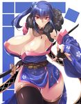  areolae blue_hair breasts cleavage curvy haganef huge_breasts japanese_clothes katana kimono long_hair looking_at_viewer nipple_slip red_eyes side_ponytail smile solo sword thick_thighs thighhighs wide_hips 