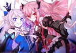  blue_eyes bow chains child crown elsword horns krul_tepes loli looking_at_viewer luciela_r._sourcream multiple_girls owari_no_seraph pink_hair pointy_ears red_eyes sakon04 skirt smile tail twintails weapon white_background white_hair 
