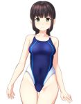  1girl absurdres bangs black_hair blunt_bangs breasts cameltoe collarbone commentary_request competition_swimsuit covered_navel cowboy_shot green_eyes highres long_hair looking_at_viewer medium_breasts one-piece_swimsuit original sidelocks simple_background solo standing swimsuit takafumi thigh_gap white_background 