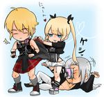  1girl 2boys asymmetrical_legwear black_nails blonde_hair blue_eyes blush brad_wong chibi choker dead_or_alive dead_or_alive_5 eliot_(doa) eyes_closed fingerless_gloves full_body garters gloves grey_hair hachuurui hair_ribbon half-closed_eyes headphones heart highleg highleg_leotard implied_pantyshot jacket kilt laying leotard leotard_under_shorts long_hair lying marie_rose multiple_boys nail_polish necklace open_shirt plaid_skirt ponytail ribbon shorts skirt skirt_pull skull sleeveless sleeveless_shirt smile socks stomp striped_legwear suspenders thighhighs twintails union_jack wristband 