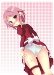  1girl ass blush dress dress_lift freckles from_behind lisbeth looking_back open_mouth panties pink_eyes pink_hair red_dress short_hair solo sword_art_online thigh_strap underwear 