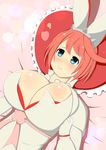 1girl ahoge animal_ears arc_system_works artist_request blue_eyes blush breasts bunny_ears cleavage dress elphelt_valentine guilty_gear guilty_gear_xrd heart heart_pillow huge_breasts looking_at_viewer lying on_back pillow pink_hair ribbon shiny shiny_skin short_hair smile solo spikes wedding_dress white_dress 