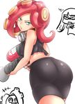  1girl ass bare_shoulders bike_shorts female gun inkling kitayama_miuki looking_at_viewer looking_back midriff nintendo octarian open_mouth red_hair sleeveless solo splatoon super_soaker takozonesu tank_top tentacle_hair weapon 