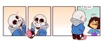  !? 1boy 4koma =_= ?!! androgynous brown_hair comic commentary english fourth_wall frisk_(undertale) hood hoodie mudkipful sans shirt skeleton slippers striped striped_shirt undertale 