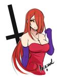  1girl bare_shoulders breasts cleavage cross cross_necklace female gloves hair_over_one_eye inverted_cross long_hair necklace parasoul_(skullgirls) red_hair skullgirls solo tagme upper_body yellow_eyes 