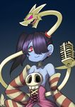  1girl bare_shoulders blue_skin breasts detached_collar detached_sleeves hair_over_one_eye leviathan_(skullgirls) red_eyes ryunag side_ponytail skullgirls squigly_(skullgirls) stitched_mouth stitches striped_sleeves zombie zombie_girl 