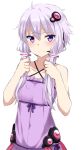  1girl absurdres bangs bare_arms bare_shoulders blush breasts closed_mouth collarbone commentary_request criss-cross_halter dress eyebrows_visible_through_hair hair_between_eyes hair_grab hair_ornament halterneck highres kohakope long_hair purple_dress purple_eyes purple_hair small_breasts solo upper_body voiceroid yuzuki_yukari 